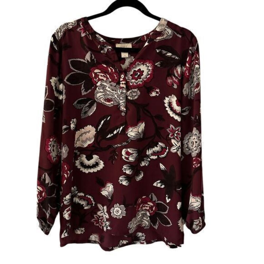 LOFT Womens Flowy Purple Floral Print Sheer Dressy Button Up Blouse Size M